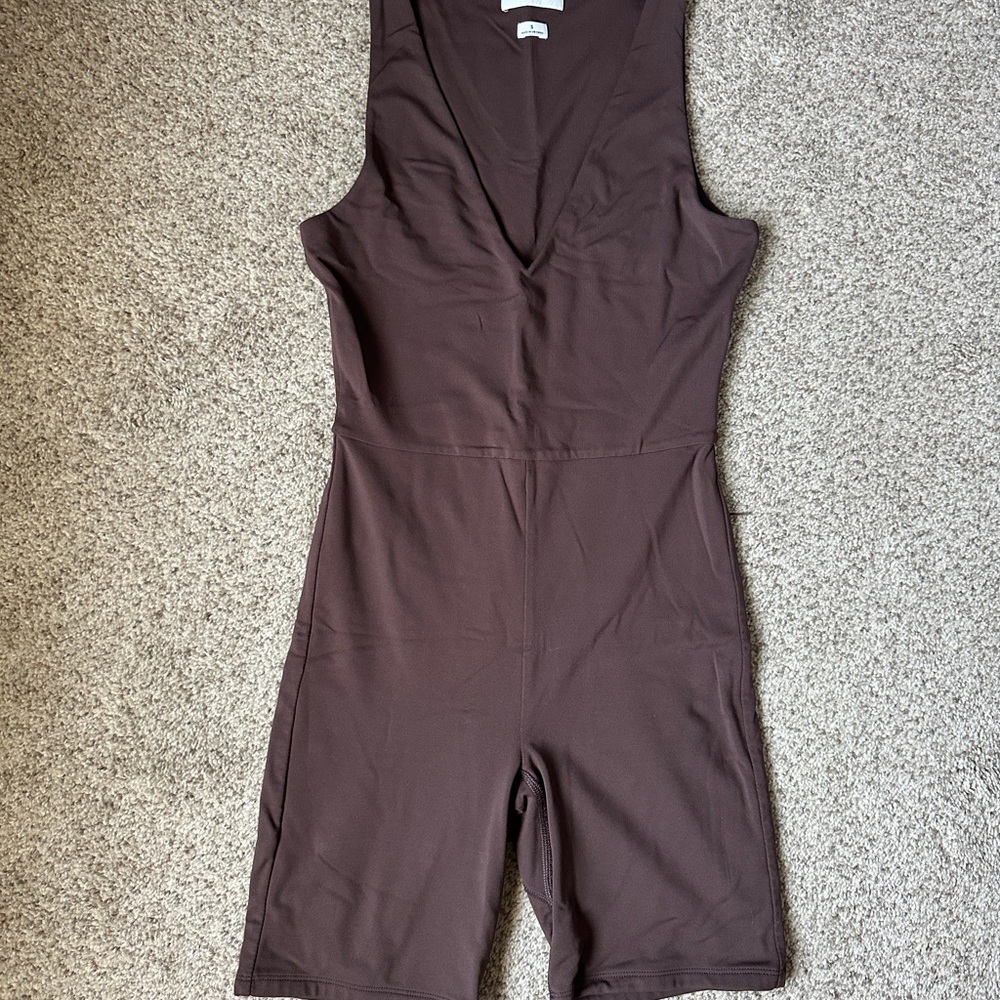 Babaton Brown Sleeveless Romper with V Neckline